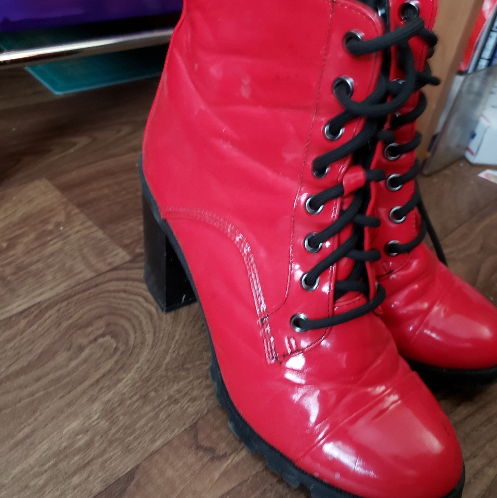 Red platform heels booties